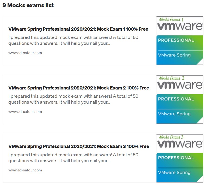 VMware Spring Professional 2020/2021: A list of 9 Free mocks exams (450 questions)